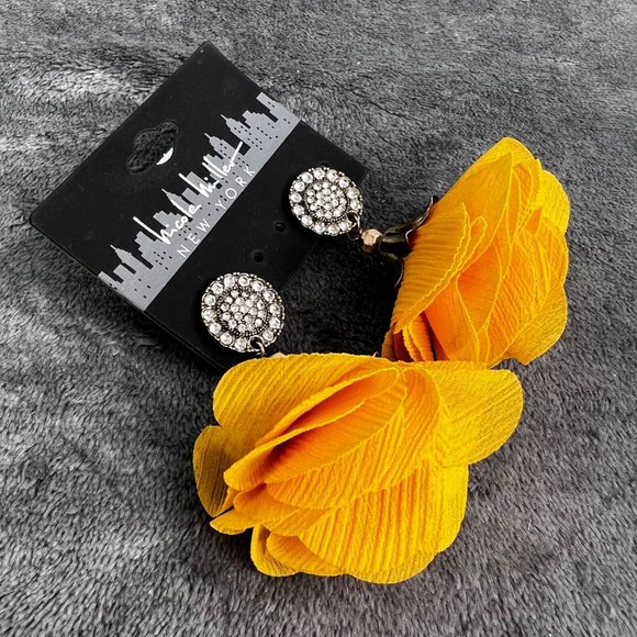 Nicole Miller New York Floral Earrings Mustard Yellow Gold Rhinestone NWT - Picture 10 of 11